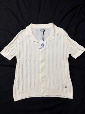 NWT EUROPANN Men's Cream Short-Sleeve Knit Button-Down Shirt